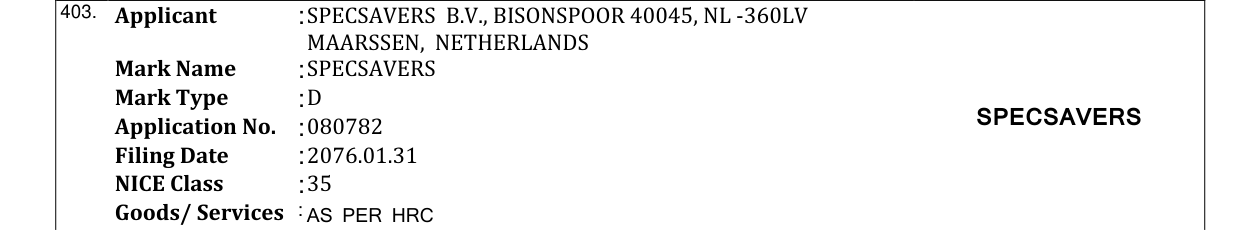 Original bulletin entry for SPECSAVERS
