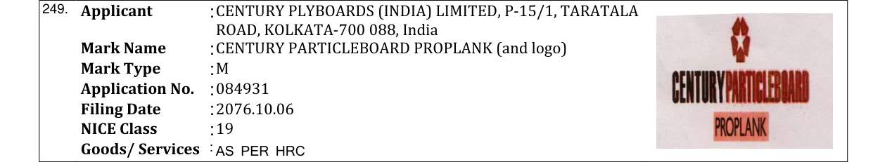 Original bulletin entry for CENTURY PARTICLEBOARD PROPLANK (and logo)