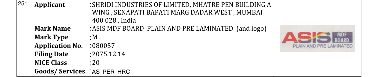 Original bulletin entry for ASIS MDF BOARD PLAIN AND PRE LAMINATED (and logo)