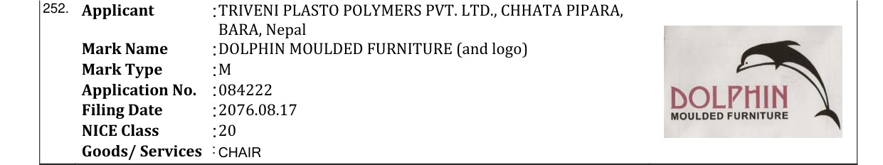 Original bulletin entry for DOLPHIN MOULDED FURNITURE (and logo)