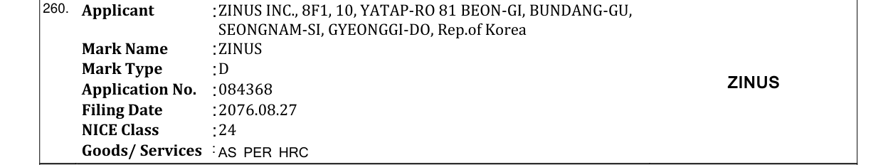 Original bulletin entry for ZINUS