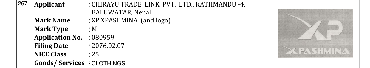 Original bulletin entry for XP XPASHMINA (and logo)