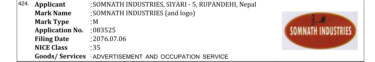 Original bulletin entry for SOMNATH INDUSTRIES (and logo)
