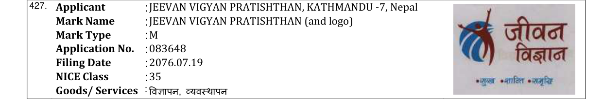 Original bulletin entry for JEEVAN VIGYAN PRATISHTHAN (and logo)