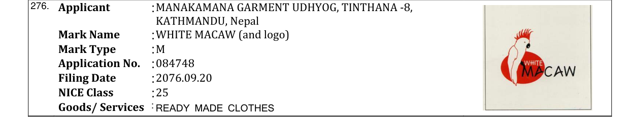 Original bulletin entry for WHITE MACAW (and logo)