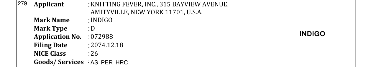 Original bulletin entry for INDIGO