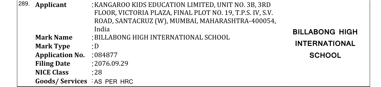 Original bulletin entry for BILLABONG HIGH INTERNATIONAL SCHOOL
