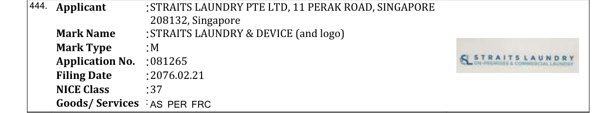 Original bulletin entry for STRAITS LAUNDRY & DEVICE (and logo)