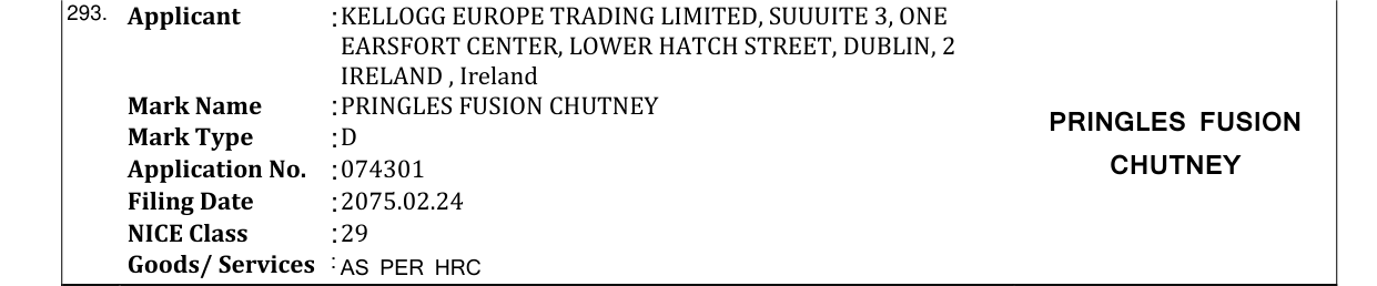Original bulletin entry for PRINGLES FUSION CHUTNEY PRINGLES FUSION