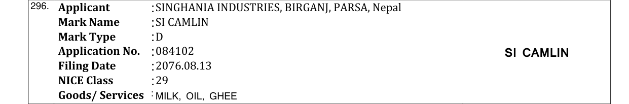 Original bulletin entry for SI CAMLIN
