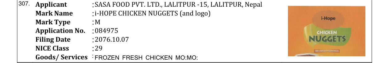 Original bulletin entry for i-HOPE CHICKEN NUGGETS (and logo)