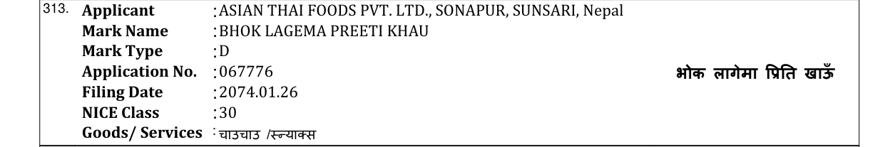 Original bulletin entry for BHOK LAGEMA PREETI KHAU