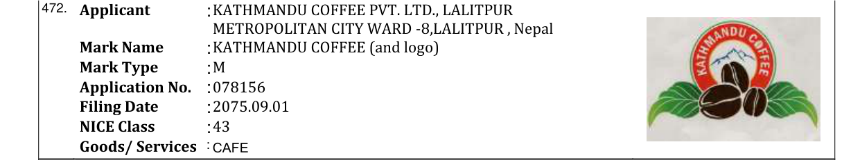 Original bulletin entry for KATHMANDU COFFEE (and logo)