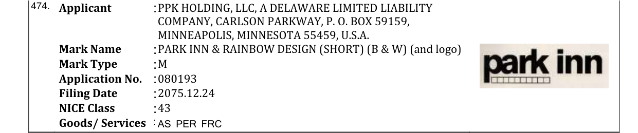 Original bulletin entry for PARK INN & RAINBOW DESIGN (SHORT) (B & W) (and logo)
