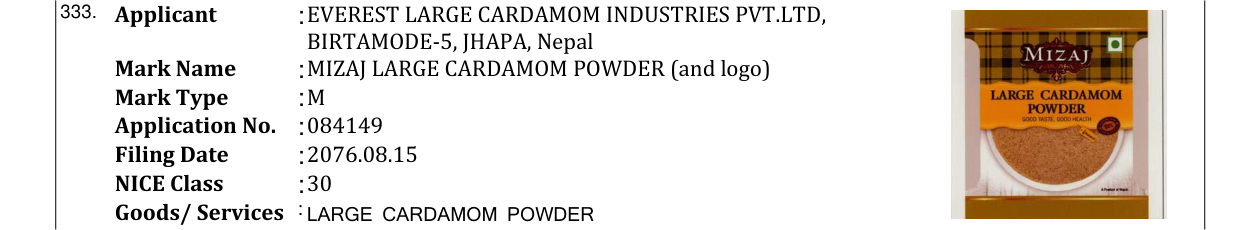 Original bulletin entry for MIZAJ LARGE CARDAMOM POWDER (and logo)