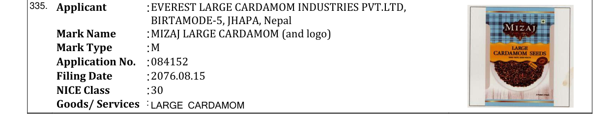 Original bulletin entry for MIZAJ LARGE CARDAMOM (and logo)