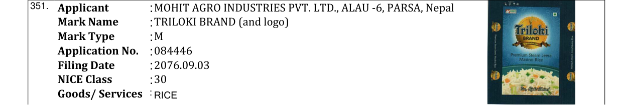 Original bulletin entry for TRILOKI BRAND (and logo)