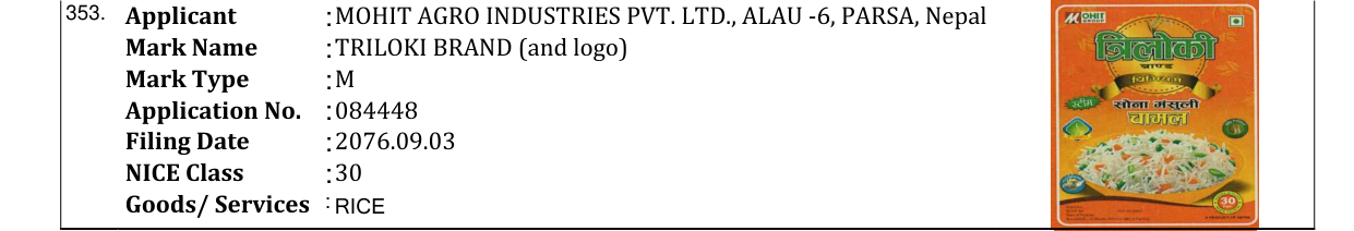 Original bulletin entry for TRILOKI BRAND (and logo)