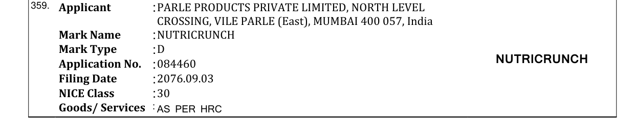 Original bulletin entry for NUTRICRUNCH