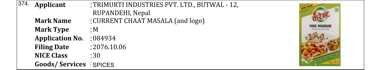 Original bulletin entry for CURRENT CHAAT MASALA (and logo)