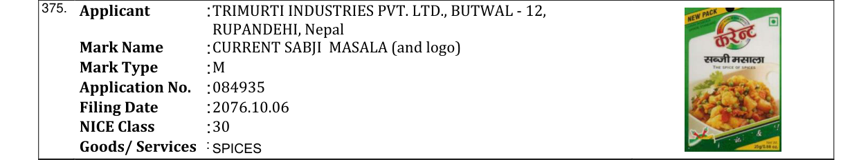 Original bulletin entry for CURRENT SABJI MASALA (and logo)