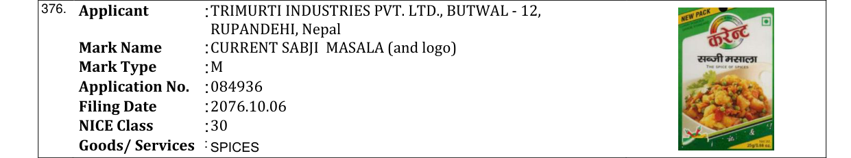 Original bulletin entry for CURRENT SABJI MASALA (and logo)
