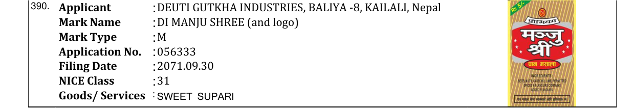 Original bulletin entry for DI MANJU SHREE (and logo)
