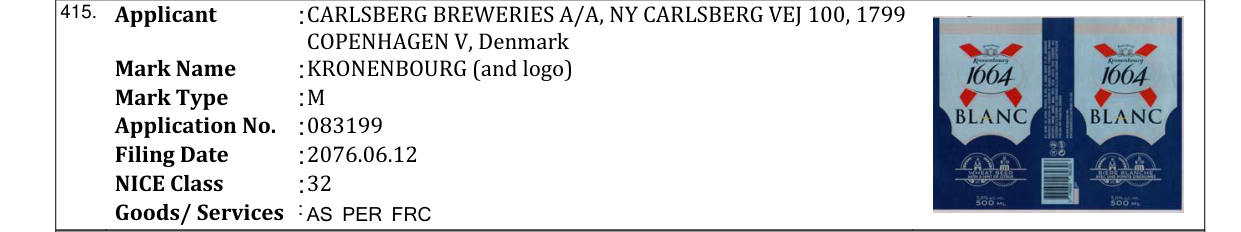 Original bulletin entry for KRONENBOURG (and logo)