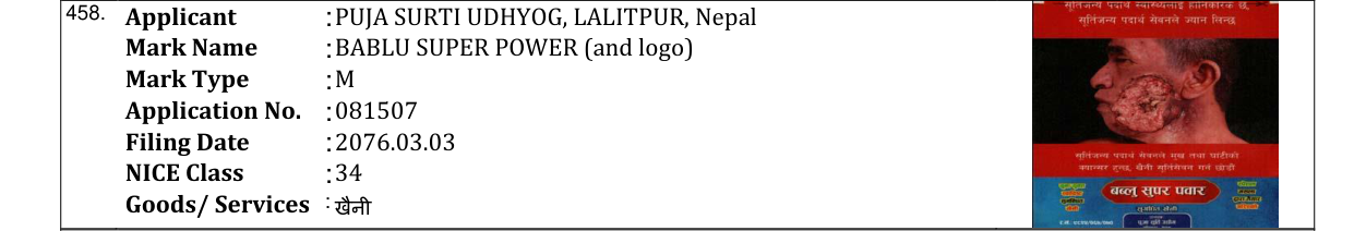 Original bulletin entry for BABLU SUPER POWER (and logo)