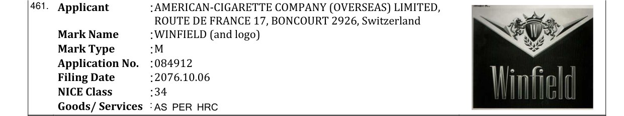 Original bulletin entry for WINFIELD (and logo)