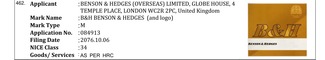 Original bulletin entry for B&H BENSON & HEDGES (and logo)