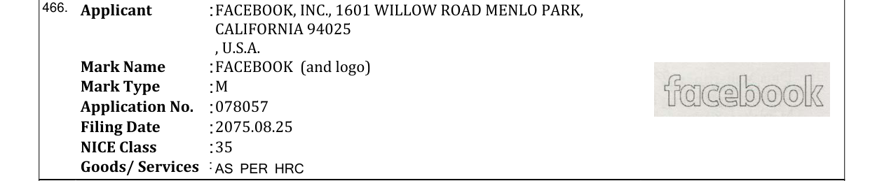 Original bulletin entry for FACEBOOK (and logo)