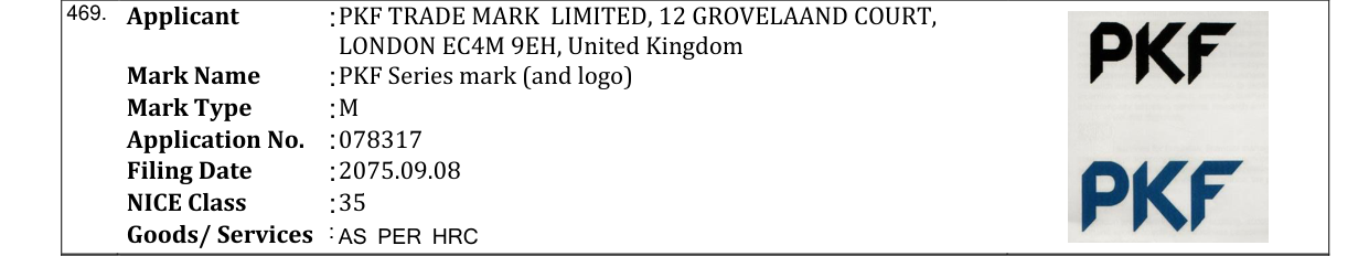Original bulletin entry for PKF Series mark (and logo)