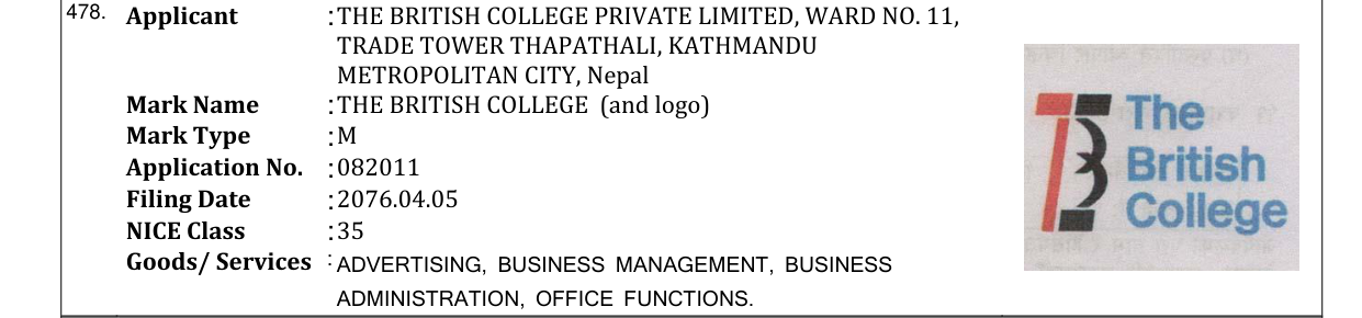 Original bulletin entry for THE BRITISH COLLEGE (and logo)