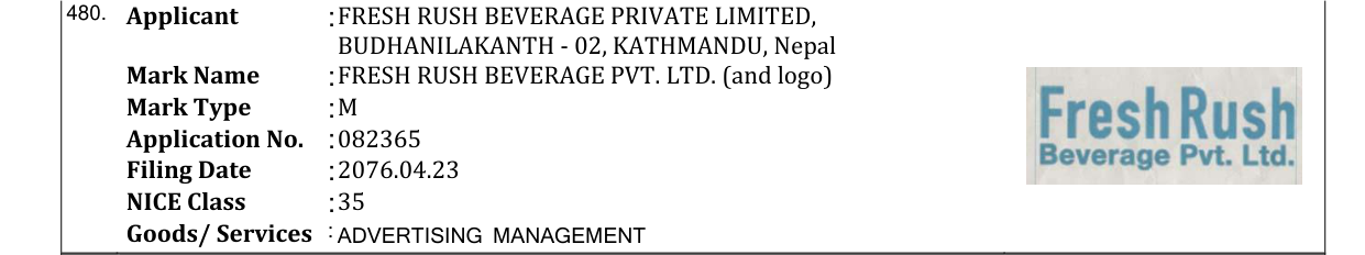 Original bulletin entry for FRESH RUSH BEVERAGE PVT. LTD. (and logo)