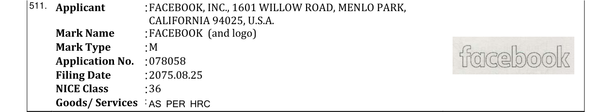 Original bulletin entry for FACEBOOK (and logo)