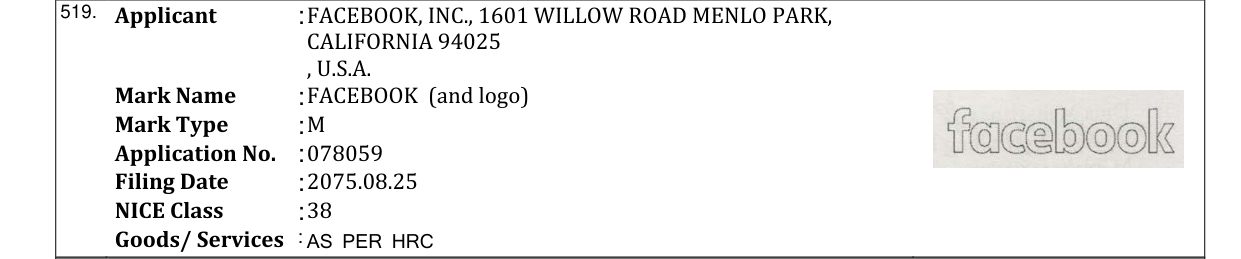 Original bulletin entry for FACEBOOK (and logo)