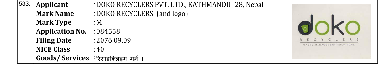 Original bulletin entry for DOKO RECYCLERS (and logo)
