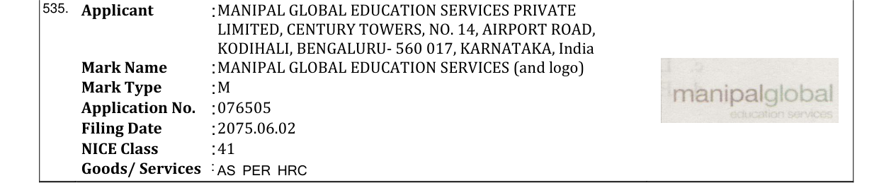 Original bulletin entry for MANIPAL GLOBAL EDUCATION SERVICES (and logo)