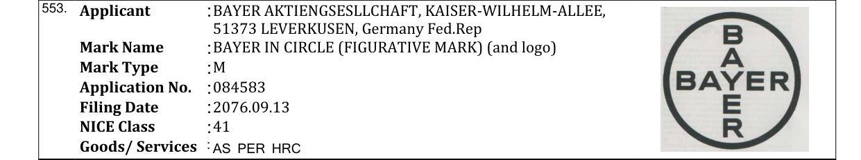 Original bulletin entry for BAYER IN CIRCLE (FIGURATIVE MARK) (and logo)