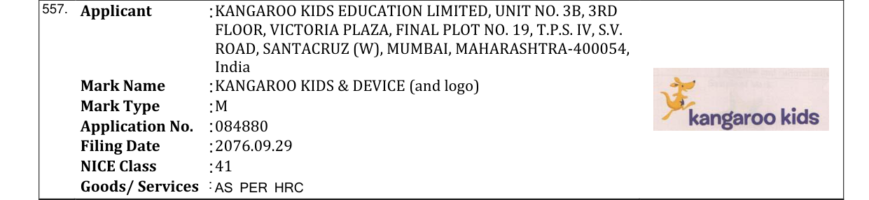 Original bulletin entry for KANGAROO KIDS & DEVICE (and logo)