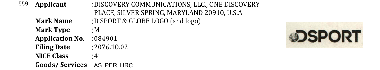 Original bulletin entry for D SPORT & GLOBE LOGO (and logo)