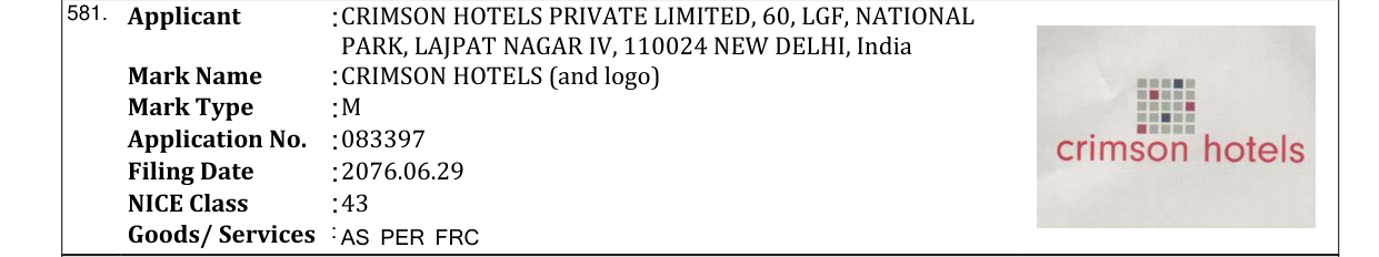 Original bulletin entry for CRIMSON HOTELS (and logo)