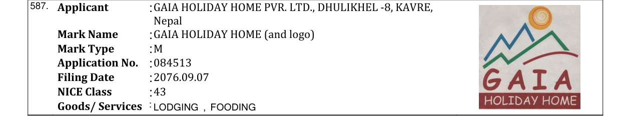 Original bulletin entry for GAIA HOLIDAY HOME (and logo)