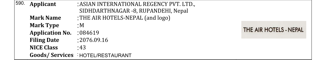 Original bulletin entry for THE AIR HOTELS-NEPAL (and logo)