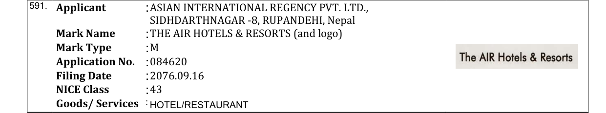 Original bulletin entry for THE AIR HOTELS & RESORTS (and logo)