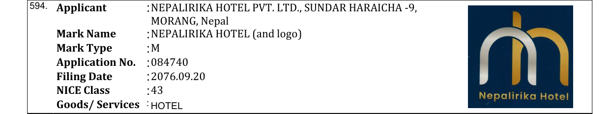 Original bulletin entry for NEPALIRIKA HOTEL (and logo)