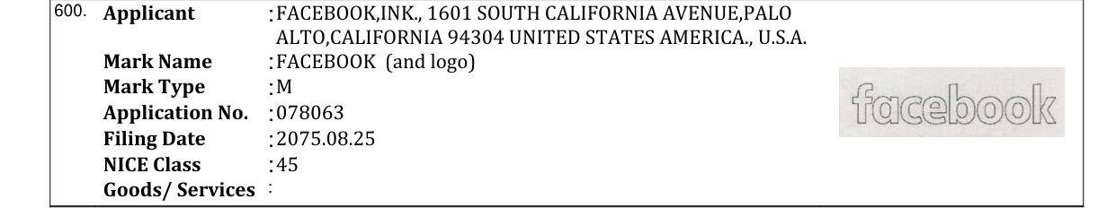 Original bulletin entry for FACEBOOK (and logo)