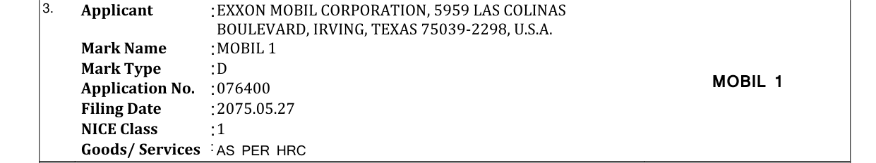 Original bulletin entry for MOBIL 1