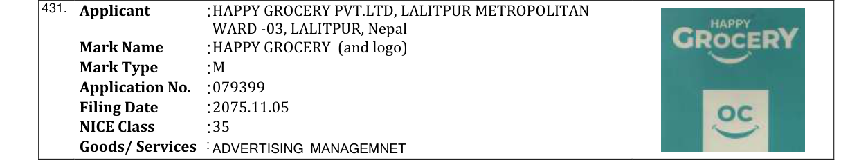 Original bulletin entry for HAPPY GROCERY (and logo)